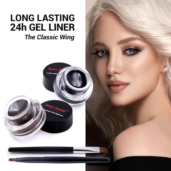 Music Flower Gel Eyeliner, Black and Brown Eyeliner Waterproof Long Lasting Smudge Proof Gel Liner with 2 Brushes, Easy to Apply Eye Makeup 3 g, Pack of 2