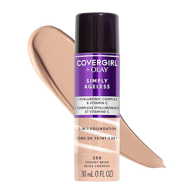 COVERGIRL & Olay Simply Ageless 3-in-1 Liquid Foundation, Matte Finish, Hyaluronic & Vitamin C Formula, 250 Creamy Beige, 1 Count