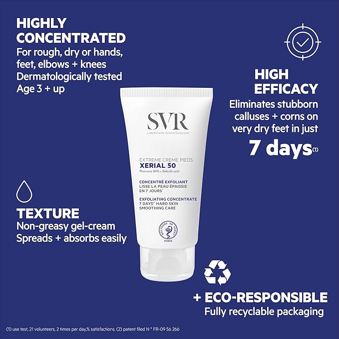 SVR - Xerial 50 Extreme Foot - Intense Hydrating Foot Cream with 50% Urea - For rough, dry feet, hands, elbows and knees - Delivers visible results in just 7 days - Quick Absorption - 1.7 fl.oz