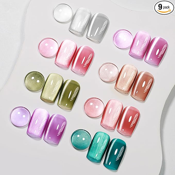 MIZHSE Cat Eye Gel Nail Polish: 8 Colors Ceramic Magnetic Gel Polish Set with Magnet Stick, Crystal Glass Pink Green Blue Spring Colors Smoothie Nail Gel Soak Off UV/LED Nail Art Salon Home Gift