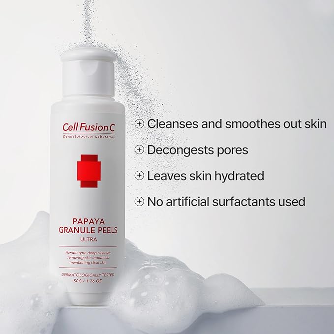 Cell Fusion C Papaya Granule Peels Ultra, Powder Face Wash for Sensitive Skin with Papaya Enzyme, Clarifies and Cleanses for Smoother, Even skin, 1.76 oz