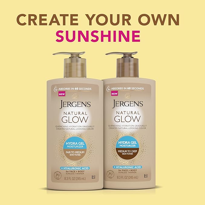 Jergens Natural Glow Hydra Gel Moisturizer, Gradual Tanning Lotion with Hyaluronic Acid, Hydrating Tanning Gel, Fragrance-Free Self Tanner, Fair to Medium Skin Tone, 8.3 Fl Oz