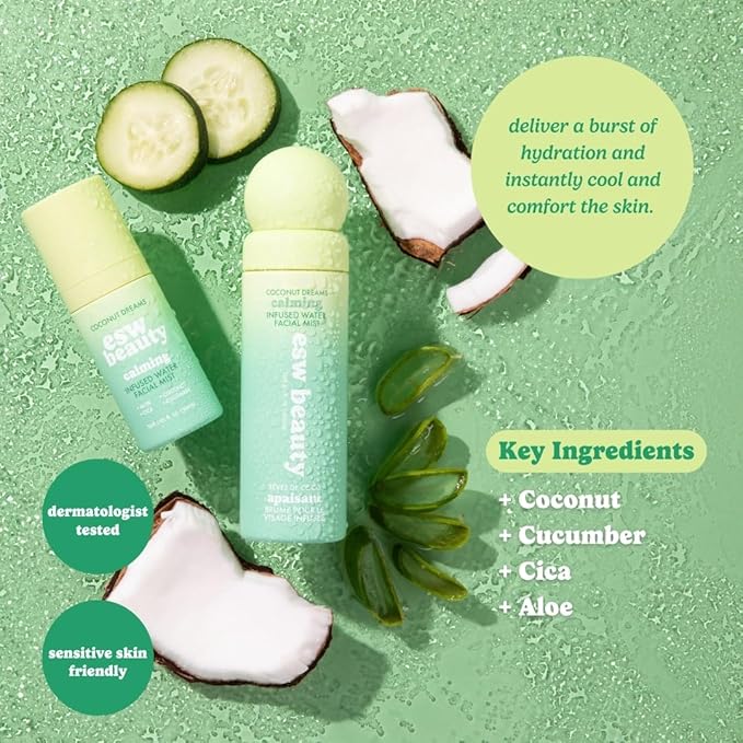 ESW Beauty Mini Facial Mist Duo Kit – Hydrating Face Spray Set with Coconut Dreams & Lychee Breeze – Travel Size Toner Mists to Prime & Set Makeup – Great Gift for Teen Girls