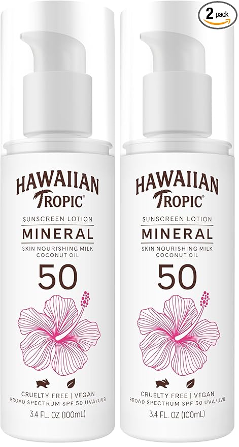 Hawaiian Tropic Skin Nourishing Milk Mineral Sunscreen Lotion SPF 50, 3.4oz | Travel Size Sunscreen Zinc Oxide, Sun Milk, Mineral Sunblock SPF 50, Oxybenzone-Free, 3.4oz (Pack of 2)