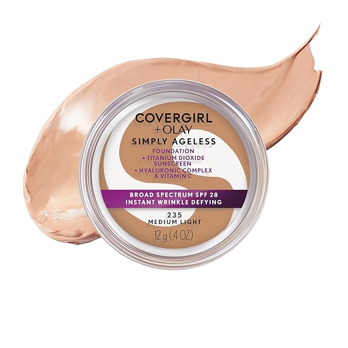 COVERGIRL Simply Ageless Instant Wrinkle Defying Foundation, SPF 28, Hyaluronic Complex & Vitamin C - 235 Medium Light, Pack of 1