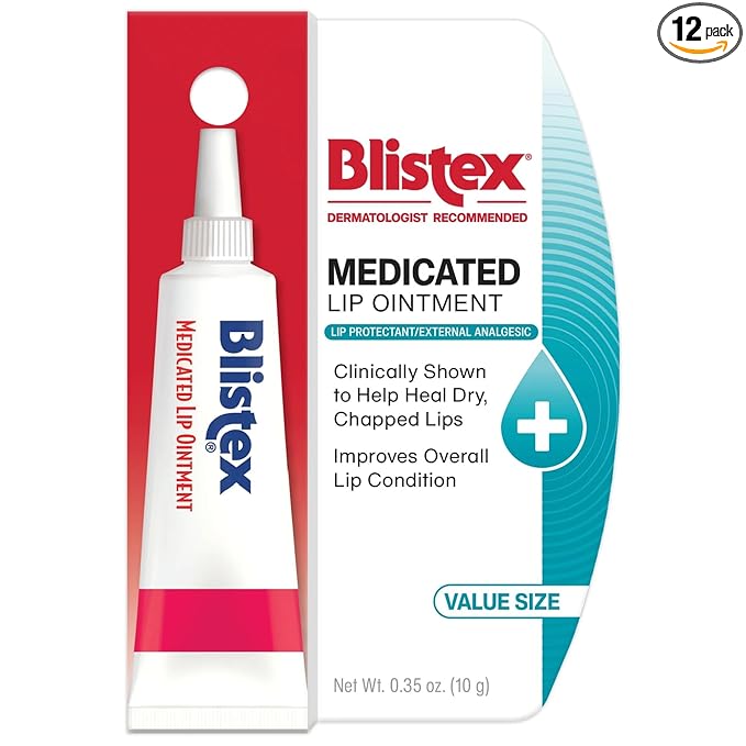 Blistex Medicated Lip Ointment, Relieves Cold Sores & Helps Heal Dry Chapped Lips, Pain Relief from Lip Sores & Blisters, Healing Ointment, 0.35 Ounce (Pack of 12)