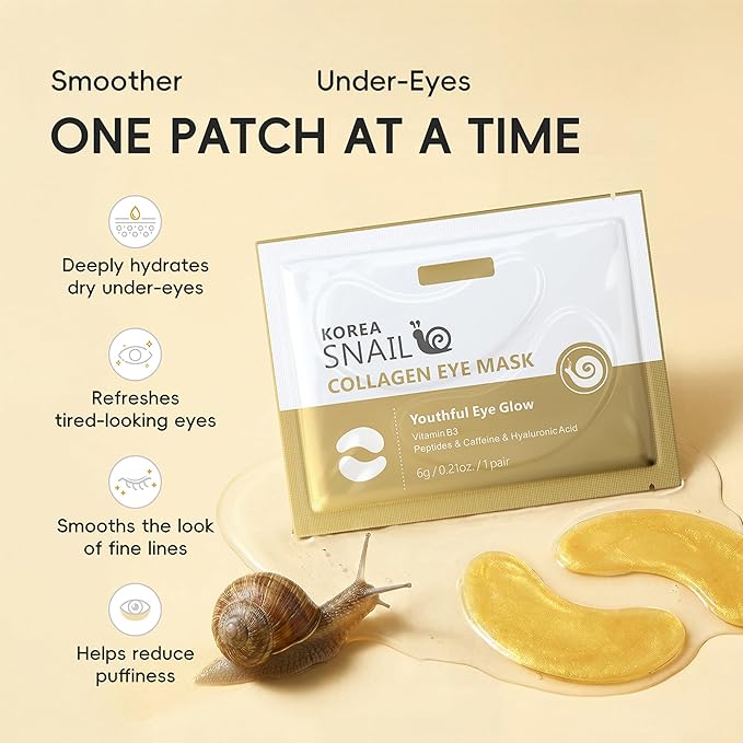 10 Pairs Snail Collagen Eye Mask, Under Eye Patches Collagen Pads with Peptides & Hyaluronic Acid, Hydrating & Smoothing, Reduces Puffiness Dark Circles & Fine Lines, Radiance Skin