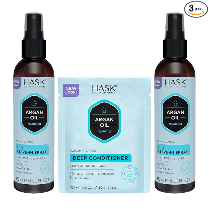 HASK Argan Oil 5-in-1 Leave-In Conditioner Duo (6oz-Qty 2) & Argan Oil Repairing Deep Conditioner Packette, Color Safe, Sulfate-Free, Paraben-Free, Gluten-Free, for All Hair Types