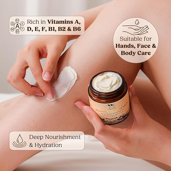 Whipped Beef Tallow for Skin – 100% Grass-Fed Handmade Cream Moisturizer for Face & Body, Natural with Honey, Shea Butter, Jojoba Oil, Non-Greasy, Nourishing for Men, Women, Kids, 4 Oz (Lavender)