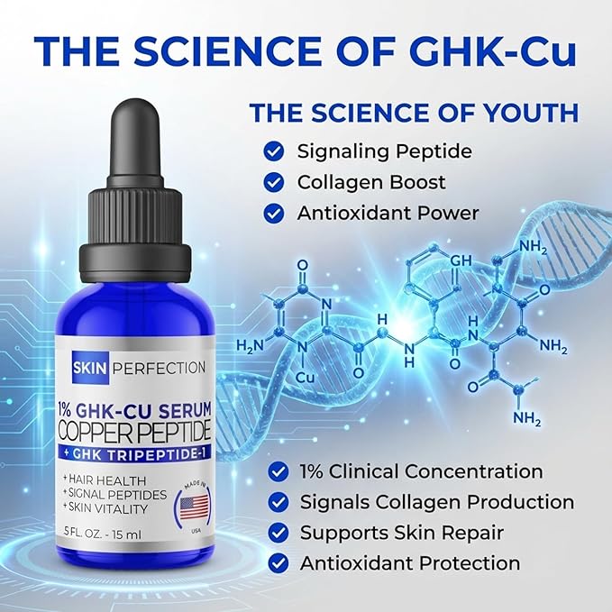 Skin Perfection Copper Peptide Serum GHK-CU 1% for Face & Hair Copper Peptides for Skin, Hair, & Scalp - 1% Blue Liquid for Face, Neck, Body, Scalp Multi-Use Serum Booster with Dropper 0.5 fl oz