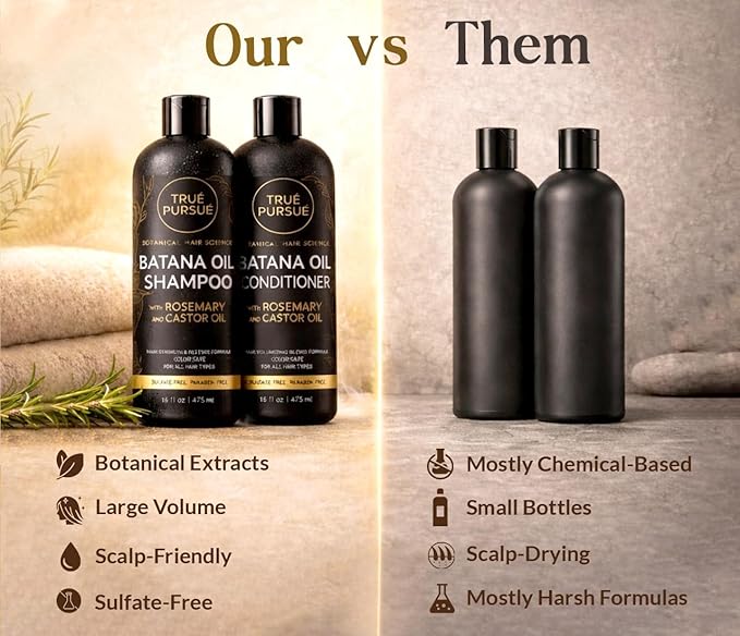 Batana Oil Shampoo and Conditioner Set for Men & Women with Rosemary & Castor Oil – Hair Growth Support & Sulfate-Free Hair Strengthening for Dry Damaged & Thinning Hair – 16 fl oz Each TRUÉ PURSUÉ