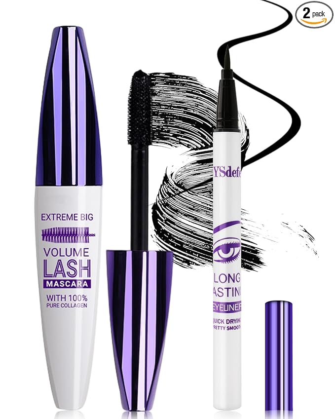 Black Mascara Liquid Eyeliner Set,Update Longlasting Waterproof Color Eye Liner Pen,5D Silk Fiber Colored Mascara Volume and Length,Women's Mother's Day Party Stage Makeup Gift Kit for Women Girl-01