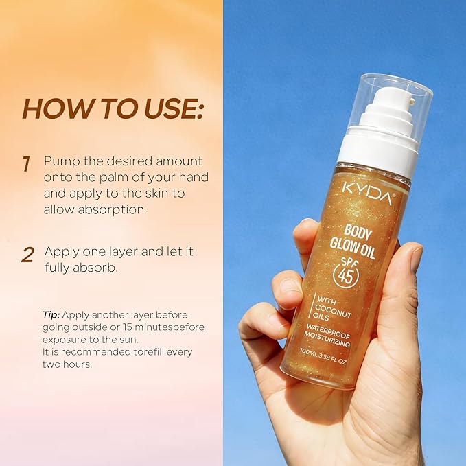 KYDA Travel Size Sunscreen, SPF 45 Body Glow Oil with Sequin Mica, Lightweight Moisturizing Coconuts Sunscreen SPF Glow Oil, Sun-kissed Shimmer Body Lotion, Water Resistant, 3.38 fl oz, AMBER