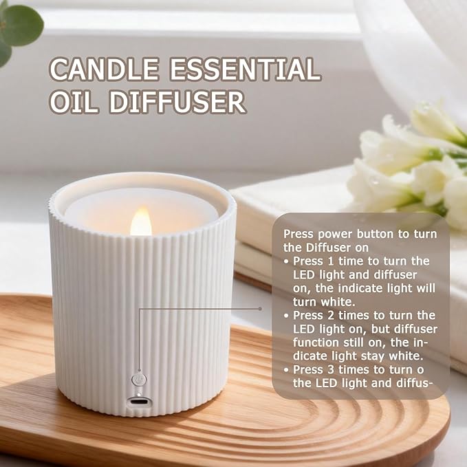 2 in 1 Waterless Essential Oil Diffuser and 3D Wick and Realistic Flame Candle,Flameless Candle Diffuser,USB Power Supply LED Candle Waterless Diffuser 12PCS Cotton Pads(No Rechargeable Battery)﻿