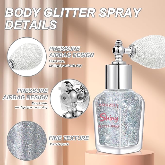 Hair and Body Glitter Spray, Shimmering Powder Sparkle Powder Makeup, Glitter Loose Sparkle Makeup for Body Highlighter,Festival Prom Rave Accessories (Silver)