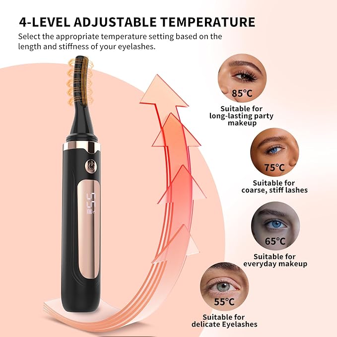 KiiNii Heated Eyelash Curler, Electric Eyelash Curler with 4 Temperature Modes, LED Display, 5S Fast Heating, Type-C Rechargeable, 24H Long-Lasting Curls | Black, L