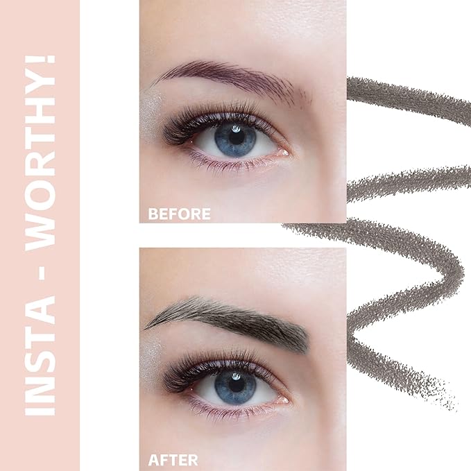 Eyebrow Pencil - Makeup Waterproof Brow Pencil with Triangular Tip, Dual-Sided Brow Brush, Precise, Fine Tip, Fills Brows Creates Natural Looking Brow, with Hair Clips - Gray