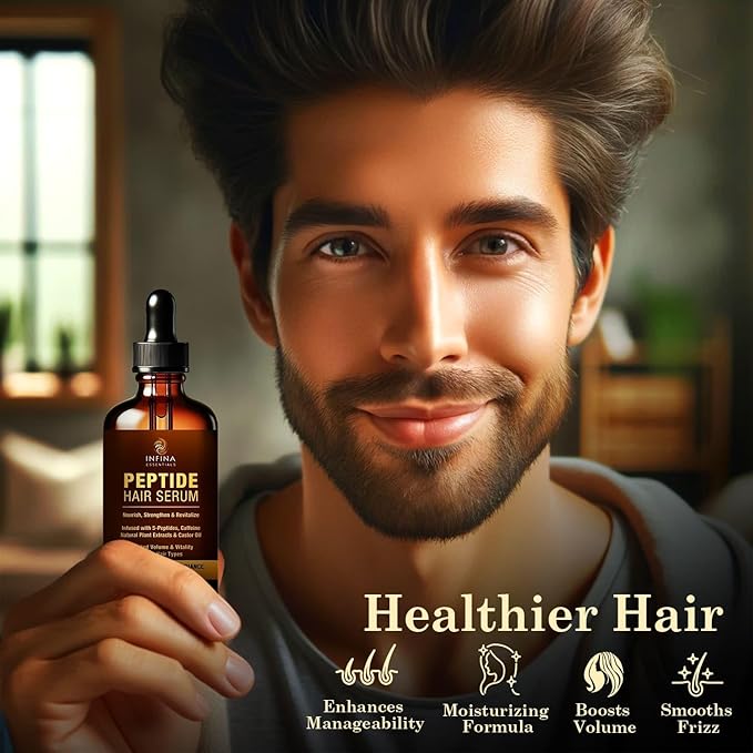 INFINA ESSENTIALS Peptide Hair Serum for Hair Growth Men & Women - Copper Peptides for Hair Growth - Caffeine Hair Growth Serum for Hair Thinning & Loss - Multi Peptide Serum for Hair Density 2 fl oz