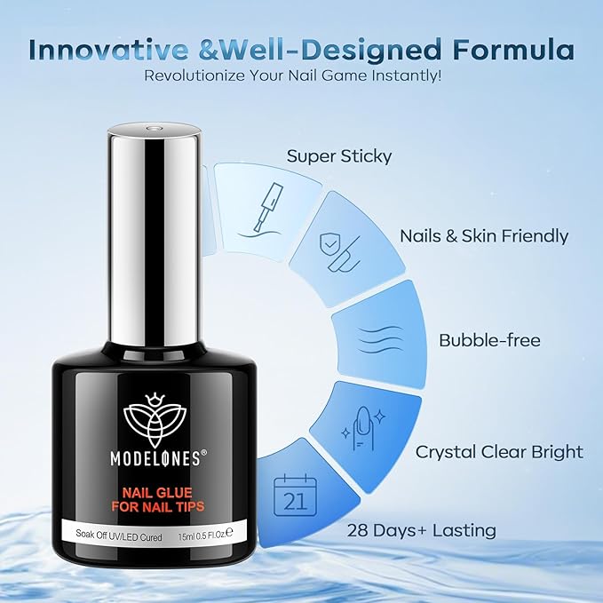 modelones 10 in One X Nail Gel Glue Gel Base Coat Brush On Nail Polish Glue 15ml for Tips, Rhinestones, Blooming Art Gel Kit for Acrylic Tips U V Lamp Needed