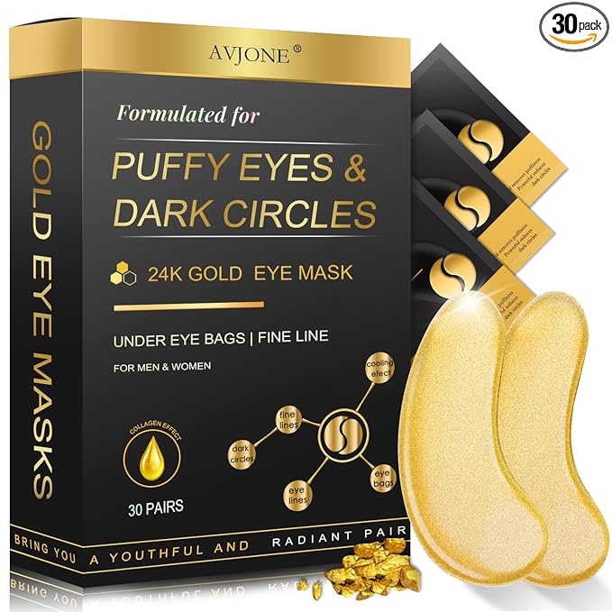 24K Gold Under Eye Patches (30 Pairs), Collagen Eye Masks for Dark Circles and Puffiness, Eye Patches for Women Puffy Eyes, Revitalizes and Refreshes Your Skin