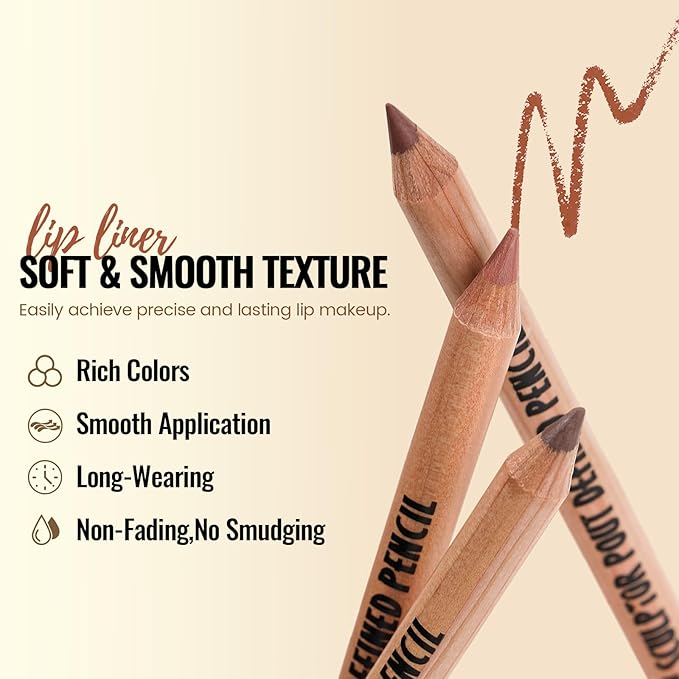 Pudaier 6Pcs Lip Liner Set, Nude-Pink Matte Series Lip Liner with 2 Sharpeners, Smooth & Longer-Lasting LipLiner for Women, High Pigmented Waterproof Lip Liner Pencil for Defining & Filling Lips