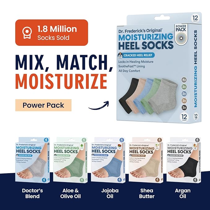 Dr. Frederick's Original Moisturizing Heel Socks for Dry Cracked Heels Treatment - 6 Pairs - Infused with Naturally Nourishing Oils and Butters - Self Care Gifts for Women & Men - Power Pack