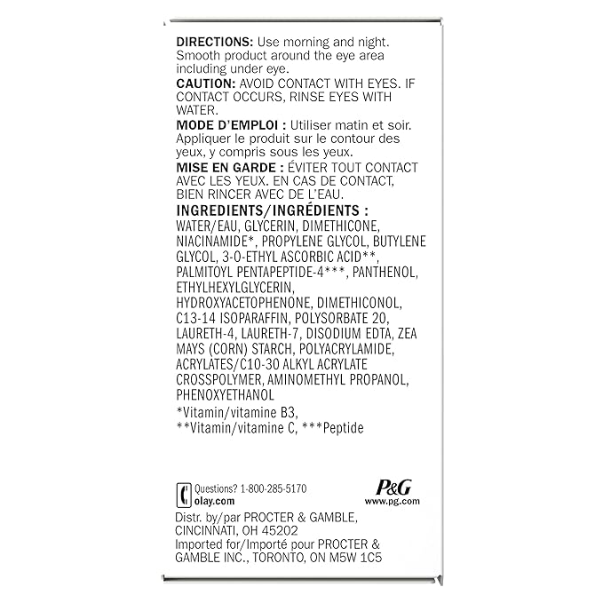 Olay Brightening Eye Cream with Vitamin C, Fragrance-Free Hydrating Under Eye Cream for Dark Circles and Dull Skin, Lightweight Eye Cream with Peptides and Vitamin B3, 0.5 oz