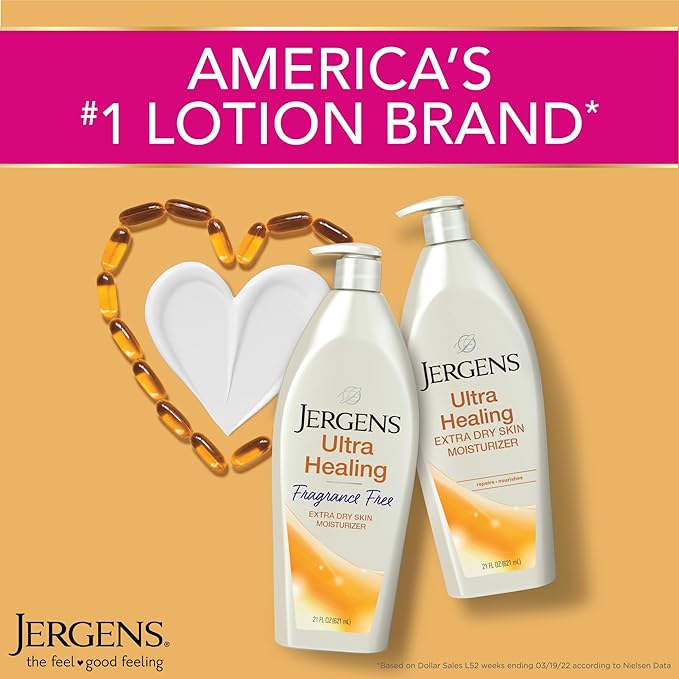 Jergens Ultra Healing Dry Skin Lotion, Hand and Body Moisturizer for Quick Absorption into Extra Dry Skin with Hydralucence Blend, Vitamins C, E and B5, White, 21 oz (Pack of 2)