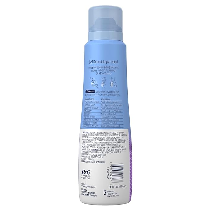 Secret Aluminum Free Whole Body Deodorant Spray for Women, 72hr Sensitive Freshness & Odor Defense, PH Balanced, Invisible Protection, Safe to Use Everywhere, Fresh Lilac & Waterlily Scent, 3.5 oz