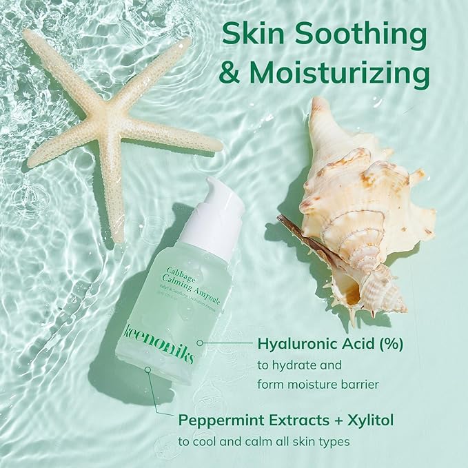 keenoniks Cooling Hyaluronic Acid Ampoule Serum - 85% Cabbage Extract Calming Facial Remedy to Soothe and Moisturize for Sensitive, Dry Skin | Balancing Korean Essence - 1.01 Fl Oz