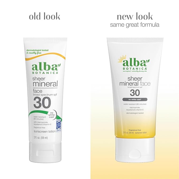 Alba Botanica Sunscreen for Face, Fragrance-Free Sheer Mineral Face Sunscreen Lotion, Broad Spectrum SPF 30, Water Resistant and Biodegradable, 2 fl. oz. Bottle (Packaging May Vary)