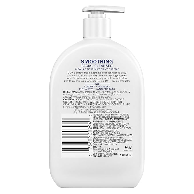 Olay Face Wash Daily Facial Cleanser with Retinol, Peptides and Glycerin, Smoothing and Hydrating Anti Aging Face Wash, Sulfate Free Cream Cleanser for Mature Skin, Daily Use, 16 Oz