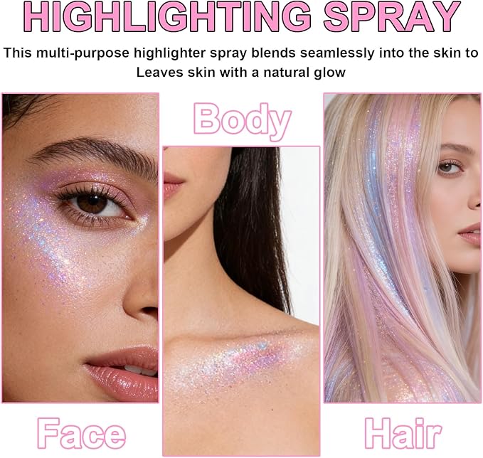 Hair and Body Glitter Spray, Shimmering Powder Sparkle Powder Makeup, Glitter Loose Sparkle Makeup for Body Highlighter,Festival Prom Rave Accessories (Dazzle)