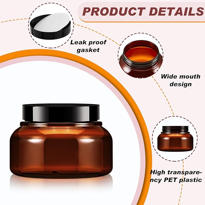 Tessco for you 48 Pack Plastic Jars with Lids Labels Multiuse Slime Containers Empty Body Scrub Jars Round Refillable Cosmetic Body Butter Container for Makeup (8 oz,Brown)