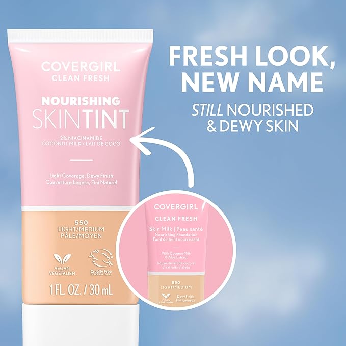 COVERGIRL Clean Fresh Nourishing Skin Tint, 560 Medium, Liquid Foundation, Dewy Finish, Infused with Coconut & Aloe, Vegan Formula
