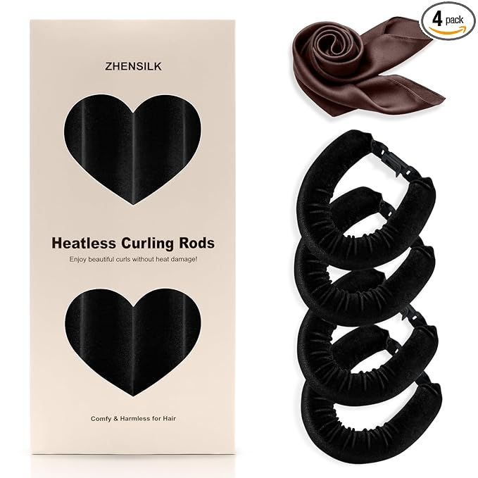 Heatless Hair Curler Set – 4PCS Velvet Overnight Blowout Rods for Heatless Curls, Jumbo Flexible Curling Rods to Sleep In, No Heat Curling Tools for Natural Waves and Curls Black