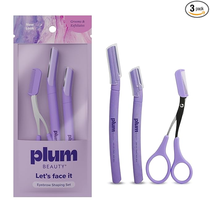 Plum Beauty Eyebrow Shaping Set – Complete 3-Piece Grooming Kit with 2 Folding Razors & Precision Trimming Scissors with Brush - Painless Brow Definition & Maintenance