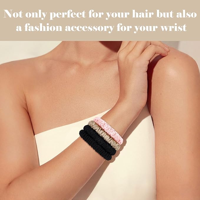 Scrunchies Hair Ties Silk Satin Scrunchy, WantGor Women 4PC Pure Mulberry Silk Skinny Elastic Scrunchies Hair Bands Bracelets Ponytail Holders Hair Accessories (Champagne,Pink,Black*2)