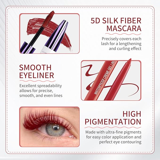 Burgundy Mascara and Eyeliner Set,5D Colored Mascara Volume and Length Waterproof,Natural Curling Lengthening,Suitable for Women Eye Makeup