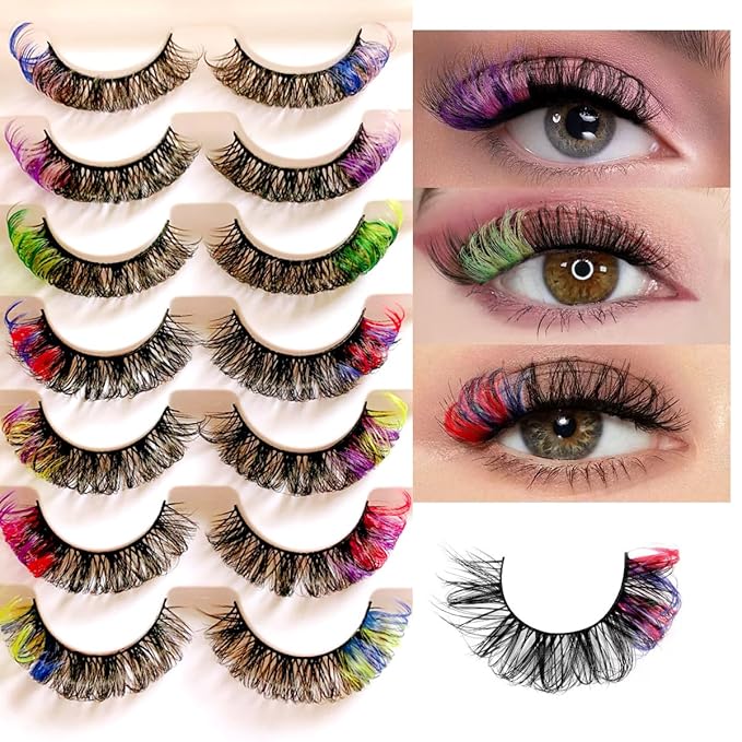 Sunniess Ombre Colored Lashes Silk Protein Fluffy Wispy Volume Fake Lashes for Halloweens Cosplay Party Stage Russian D Curl Lashes with Color Make up Faux Mink False Eyelashes