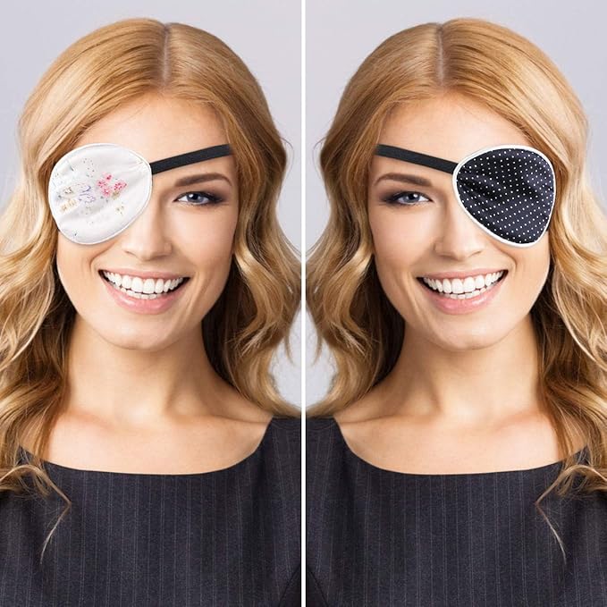 eZAKKA 2 Pieces Silk Eye Patch Medical Eye Patch for Adult Women Elastic Lazy Adjustable Single Eyepatch with Elastic Strap (L, Floral+Black Polka Dots)
