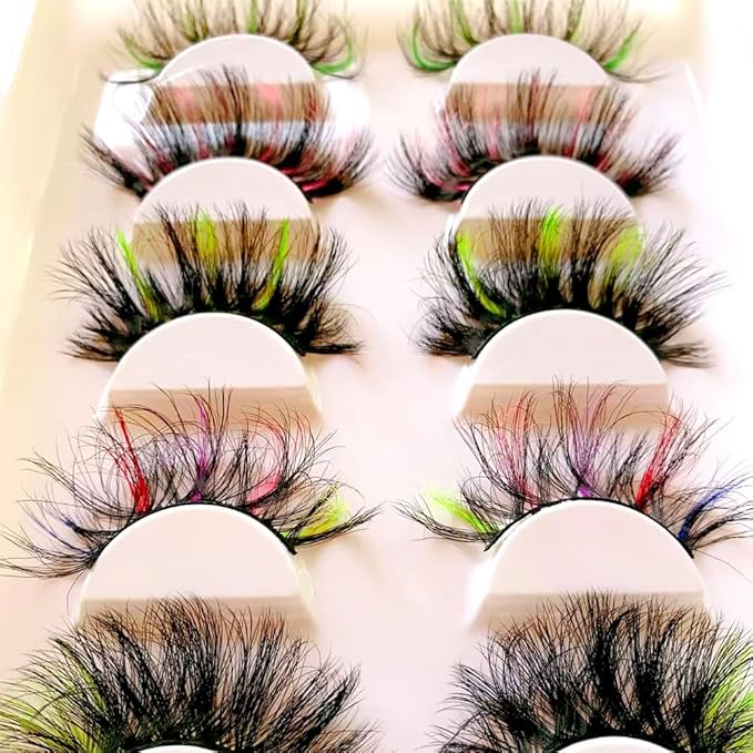 Sunniess 5 Pairs 25mm Lashes,10D Colored False Eyelashes, Makeup Fluffy Wispy Volume Dramatic Faux Mink Eyelashes for Halloween Christmas Cosplay Party Stage