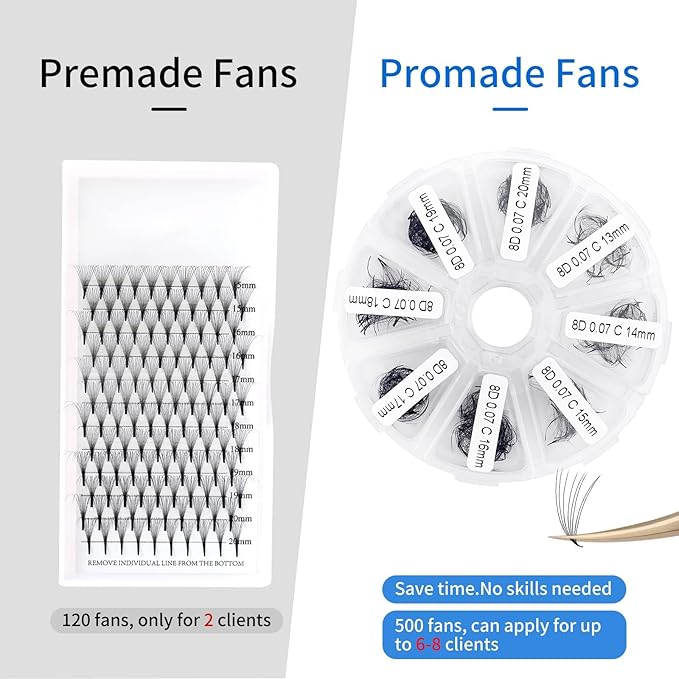 Black Pre-made Volume Lash Extension 500+8D Handmade Loose Fans C/D Curl 13-20mm Mixed Premade Lash (500Pcs-8D-0.07-D, 13-20mm Mixed)