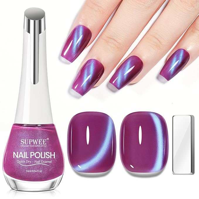 Magnetic Cat Eye Nail Polish, Purple Nail Polish Non Gel with Magnet Cat Eye Fingernail Polish Air Fast Drying Manicure Gift For Women Girls 16ml/0.54 oz