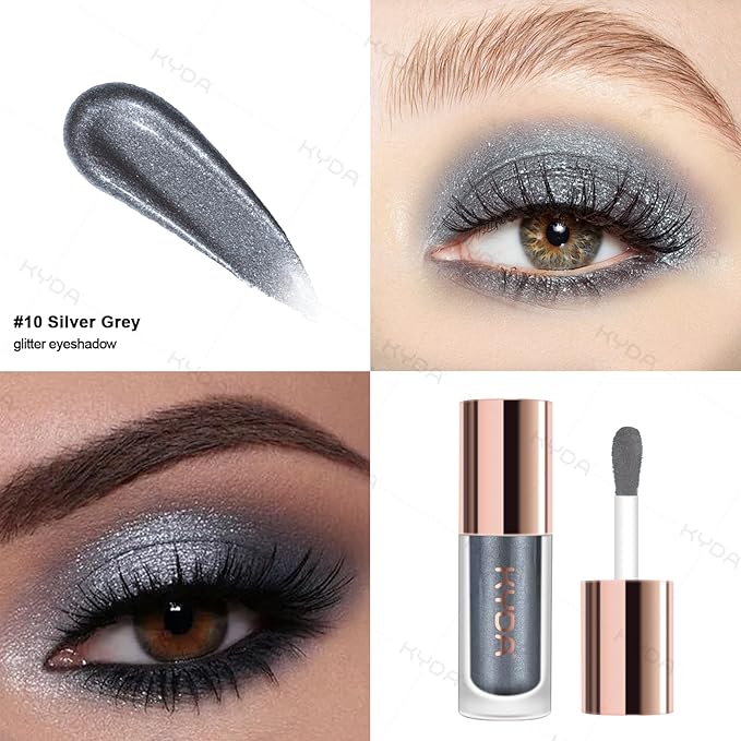 KYDA Liquid Glitter Eyeshadow, Silver Grey Metallic Glittery Eyeshadow, Soft Lightweight Creamy Formula, One-Swipe Coverage, Long-wearing Crease-Resistant Eyes Glitter Makeup, 0.25oz