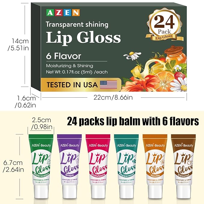 AZEN 24 Pack Lip Gloss Set, Clear Lip Gloss Bulk, Lip Oil for Dry Cracked Lips Moisturizing Hydrating Nourishing with Vitamin E, Mothers Day Gifts for Women