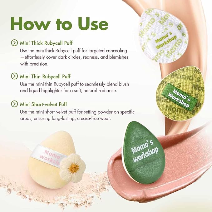 Momo's Workshop Mini Denim Makeup Sponge Set,Mini Makeup Blenders Sponge for Concealer/Blush/Highlighter, Perfect for Detail Work & Travel,4pcs Green Mini Concealer Puffs with Travel Pouch