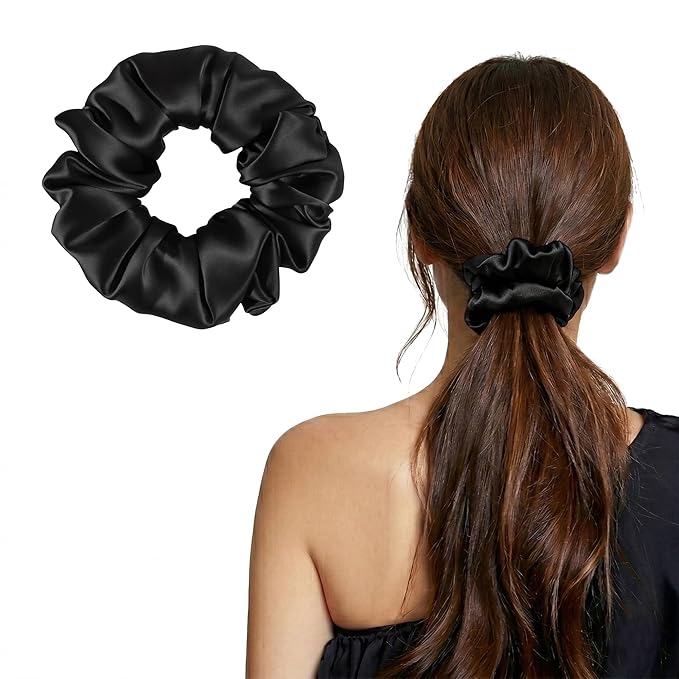 ZLYC 100% Mulberry Silk Scrunchie 19 Momme Gentle Creaseless Hair Tie for Women Dent-Free Ponytail Holder, 3.5cm Solid Black