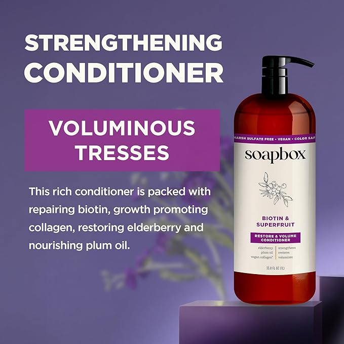 Soapbox Biotin & Super Fruit Conditioner, Leaves Hair Volumized & Strong - Clean Ingredients Free of Harsh Chemicals, Sulfates, Parabens & Silicones - Volumizing Conditioner for Hair, 33.8oz Liter