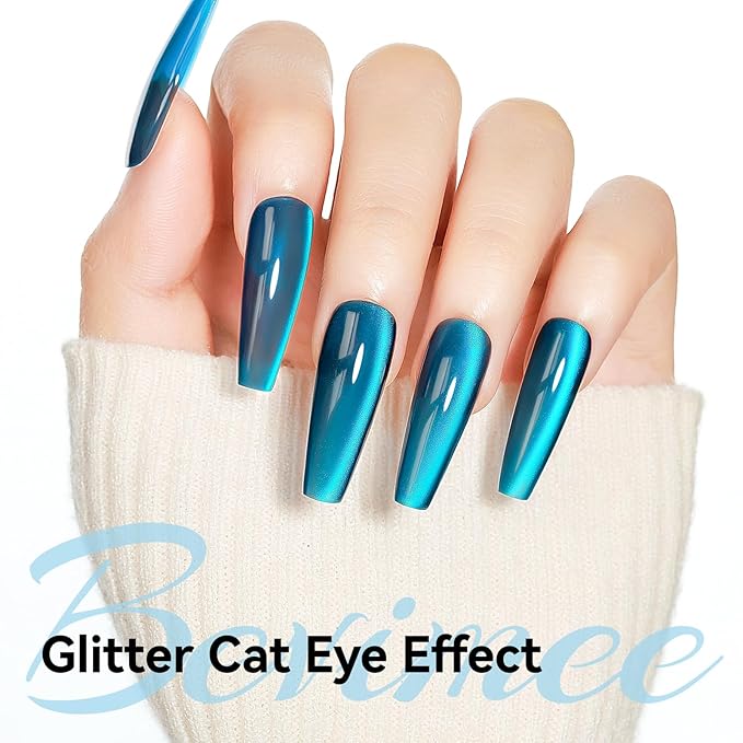 Cat Eye Gel Nail Polish, Teal Sea Blue Jelly Glass Magnetic Nail Polish Magic Holographic Effect, Glitter UV Gel Sparkle Crystal Color for Nail Salon DIY At Home